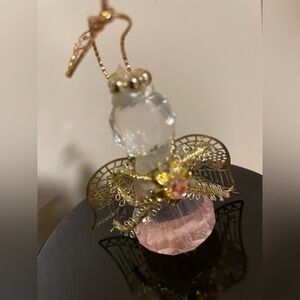 Vintage Clear Plastic Gold Tone Pink Accents Angel Ornament